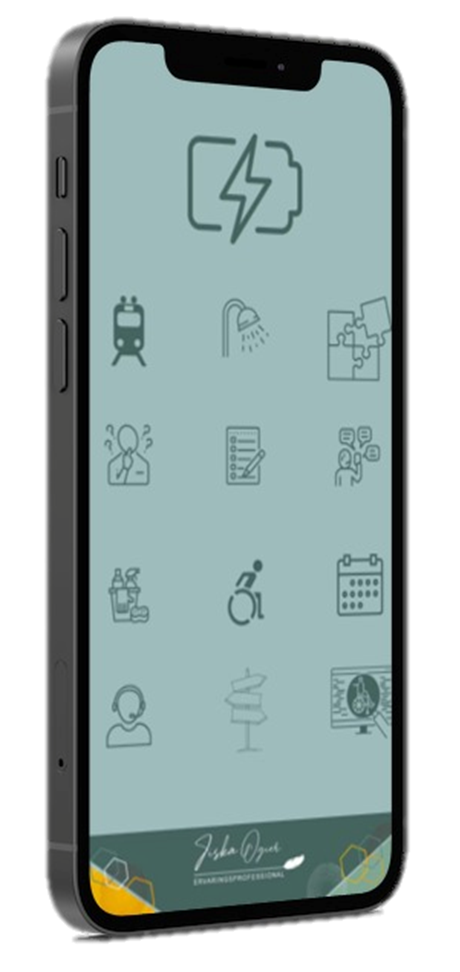 Smartphone met daarop icoontjes van een douche, trein, agenda, puzzelstukjes, rolstoel, vragen, overleg enz.