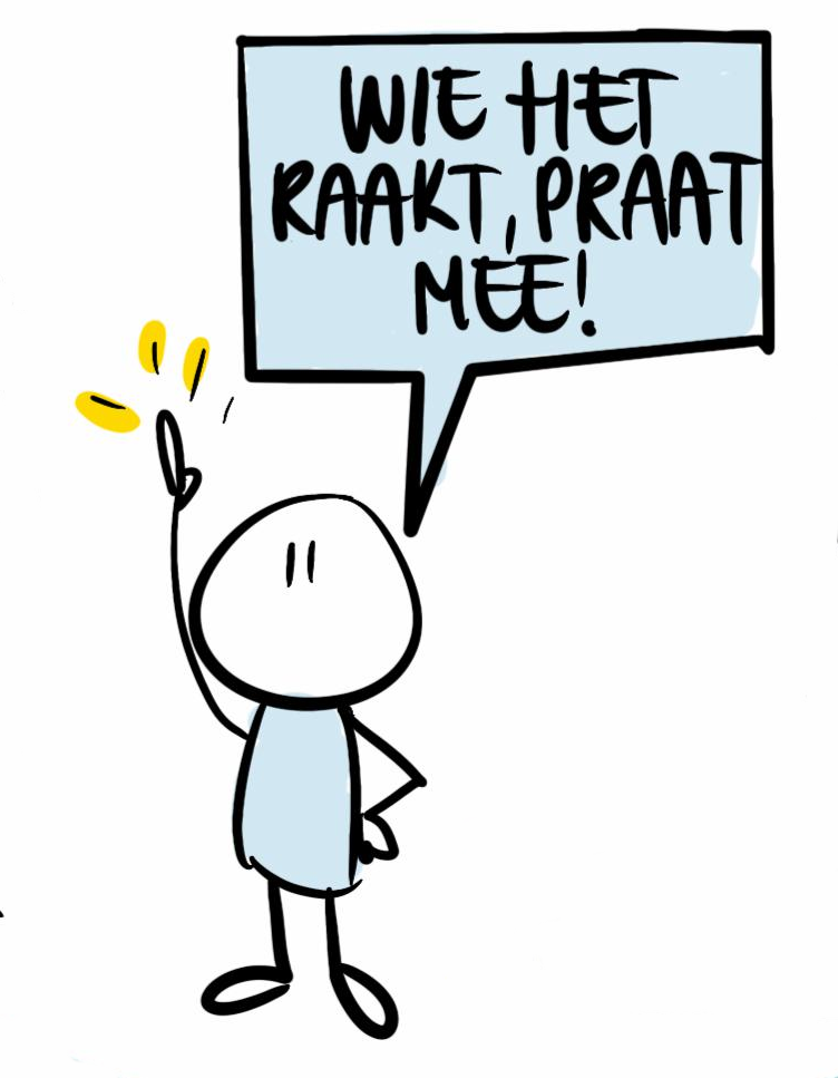 Studio illuSter: Wie het raakt, praat mee! Stukje uit de praatplaat van Studio illuSter: poppetje dat omhoog wijst en een tekstballon "Wie het raakt, praat mee!"