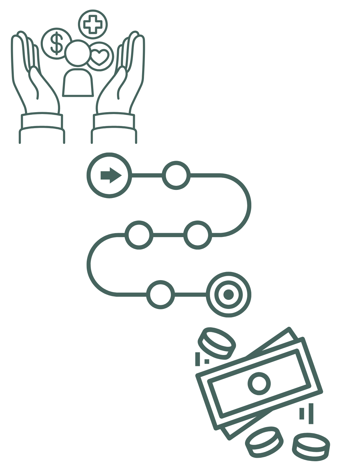 WMO eigen bijdrage Groene illustraties van twee handen waartussen elementen als een persoon, zorg en geld als icoon zijn afgebeeld. Een getekend pad. Rechtsonder geld in briefjes en munten.