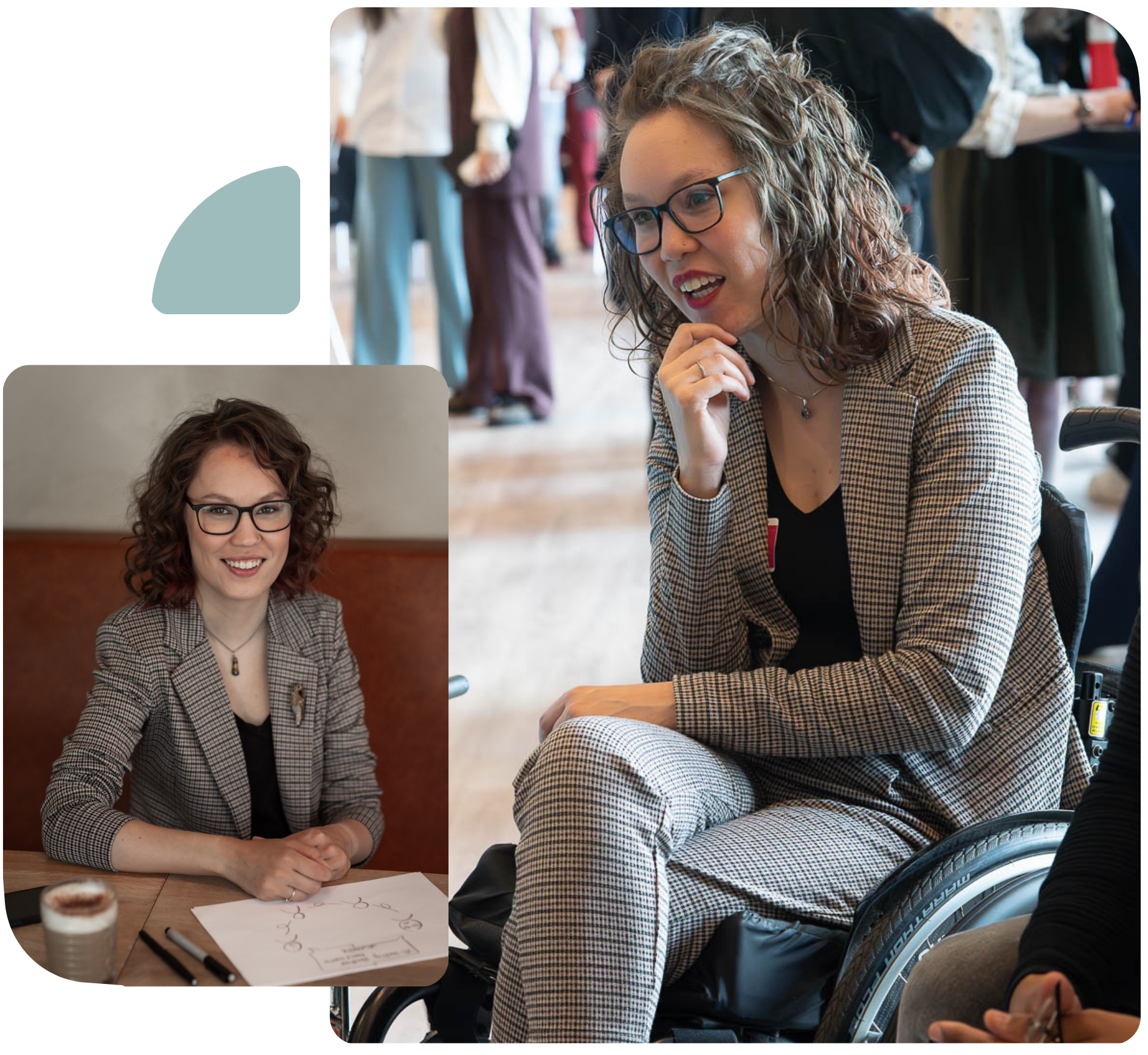Twee overlappende foto's van mij, ik ben een indo vrouw met donker golvend haar en bruin montuur bril en draag een tweed pak. Foto's door Marijn de Wijs en Martin Pechler